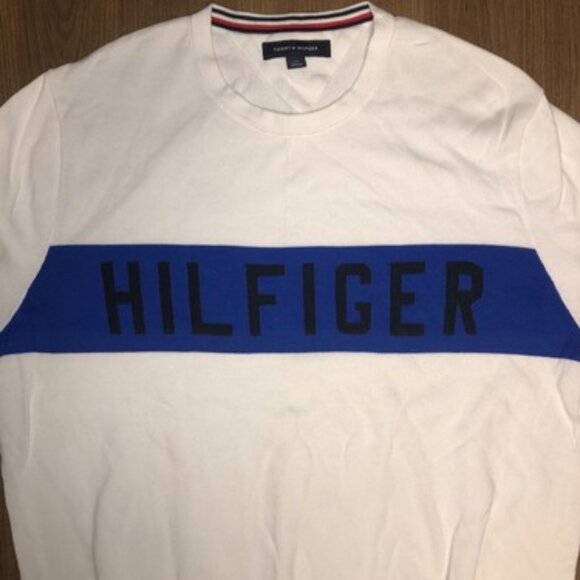 Tommy Hilfiger Mens Large Pullover Sweater Sweatshirt White Blue Logo Casual - Picture 1 of 9